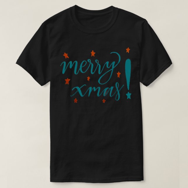 Merry Xmas Calligraphy with Stars T-Shirt (Design Front)