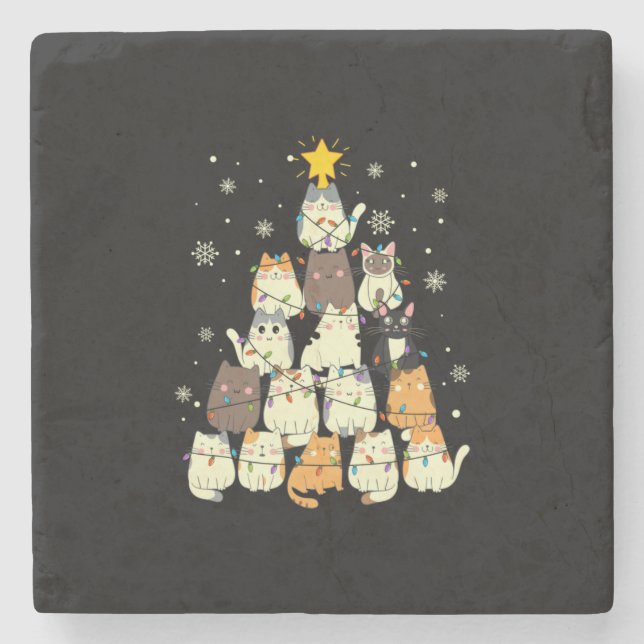 Merry Xmas Cat Christmas Tree Stone Coaster (Front)