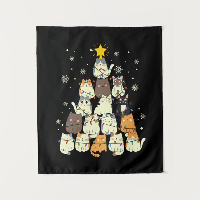 Merry Xmas Cat Christmas Tree Tapestry (Front)