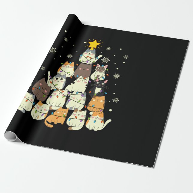 Merry Xmas Cat Christmas Tree Wrapping Paper (Unrolled)