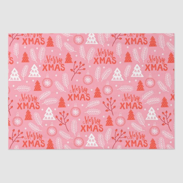 Merry Xmas Cute Pink Retro Botanical Christmas  Tissue Paper (Front)