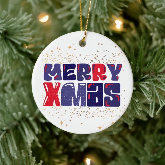 Merry Xmas Cute Red Blue Gold Ceramic Ornament (Tree)