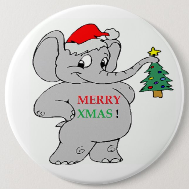 "MERRY XMAS" ELEPHANT 6 CM ROUND BADGE (Front)