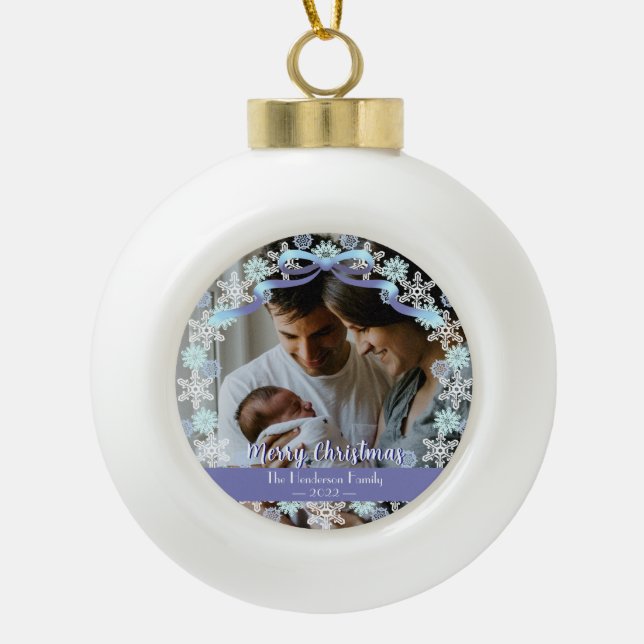 Merry Xmas Family Photo Name Light Blue Purple Ceramic Ball Christmas Ornament (Front)