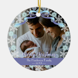 Merry Xmas Family Photo Name Light Blue Purple  Ceramic Ornament