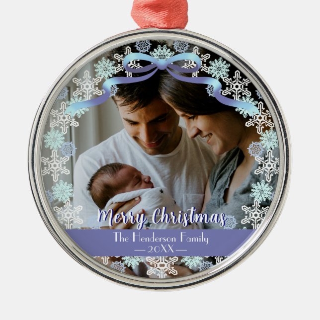 Merry Xmas Family Photo Name Light Blue Purple   Metal Ornament (Front)