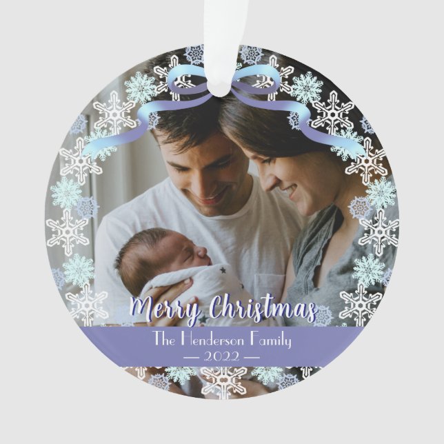 Merry Xmas Family Photo Name Light Blue Purple Ornament (Front)
