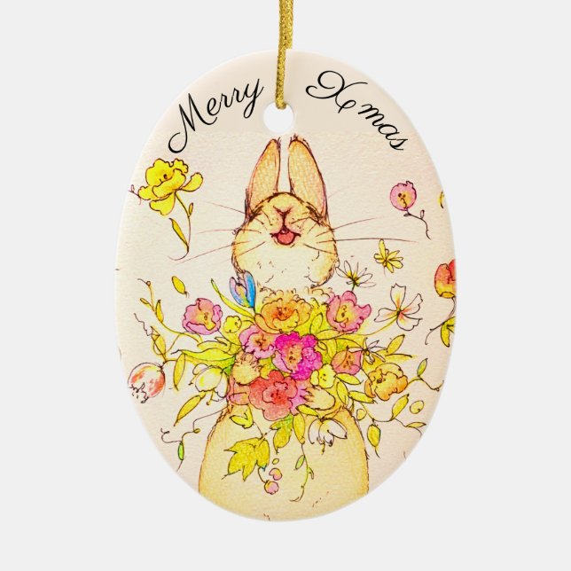 Merry Xmas flower&rabbit Ceramic Ornament (Front)