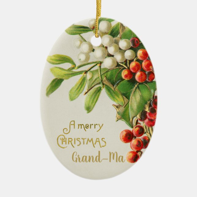 Merry Xmas Grandma Berries Ceramic Ornament (Front)