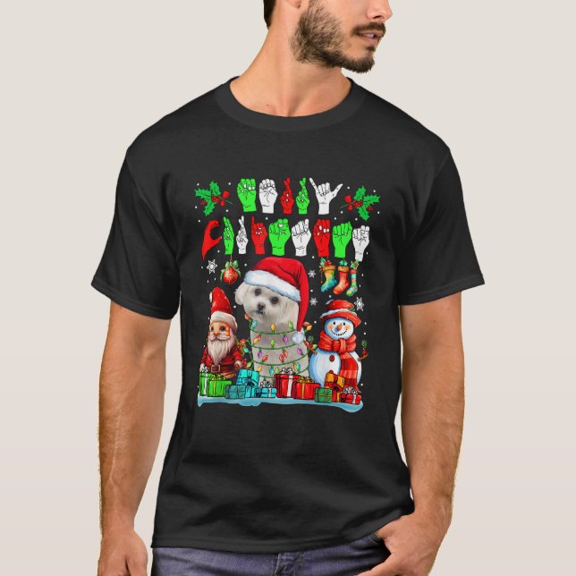 Merry Xmas Hands Sign Language Santa Maltese Gnome T-Shirt (Front)