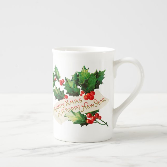 Merry Xmas & Happy New Year Holly  Bone China Mug (Right)