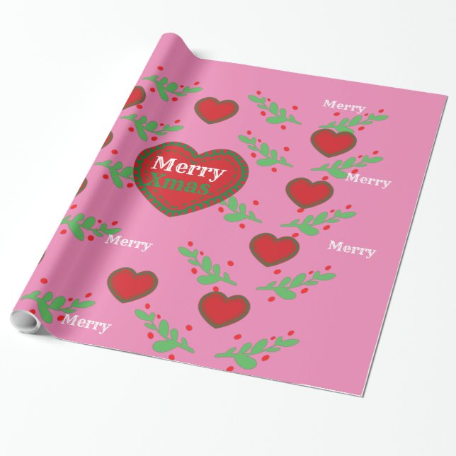 Merry Xmas Leaf And Love Wrapping Paper (Unrolled)