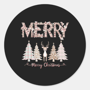 Merry Xmas Leopard Cheetah Buffalo Pink Plaid Chri Classic Round Sticker