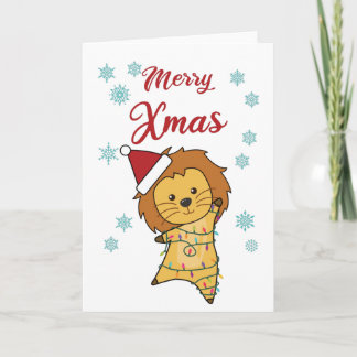 Merry Xmas Lion Snow Big Cat Fairy Lights Card