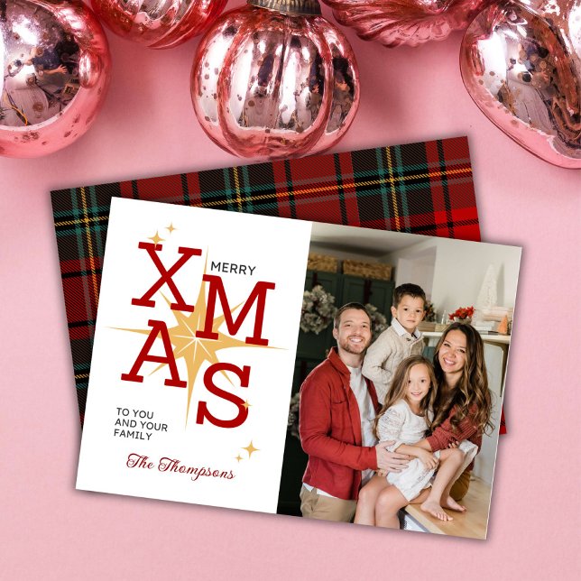 Merry xmas modern 1 family photo cute red plaid  holiday card (Front/Back )