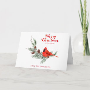 Merry Xmas Monogram Watercolor Pine Cardinal Bird Card