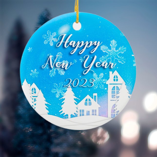 Merry Xmas  New Year 2023 Blue White House Snow  Ceramic Ornament (Creator Uploaded)