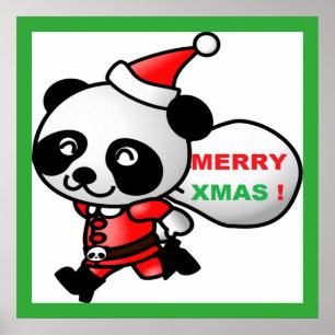 "MERRY XMAS" PANDA BEAR SANTA POSTER