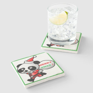 "MERRY XMAS" PANDA BEAR SANTA STONE COASTER