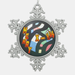 Merry Xmas Pattern Pewter Snowflake Ornament