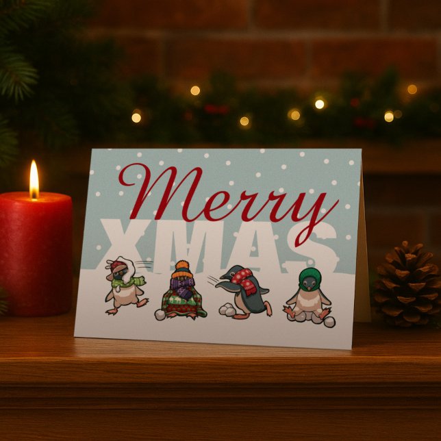 Merry Xmas Penguin Christmas Snowball Cartoon Holiday Card (Creator Uploaded)