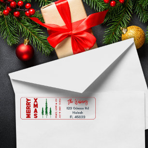 Merry Xmas Pine Trees Red Return Address Label