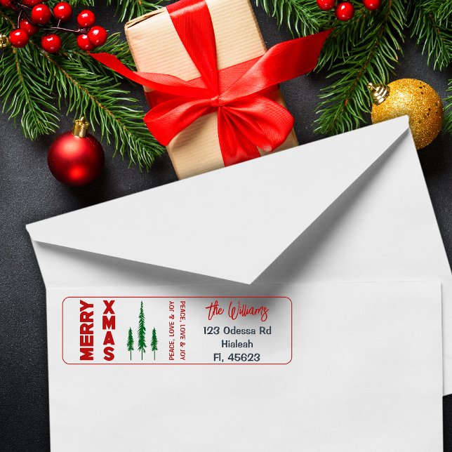 Merry Xmas Pine Trees Red Return Address Label (Order a modern Christmas return address label to enhance your mailings this season.Get it today!)
