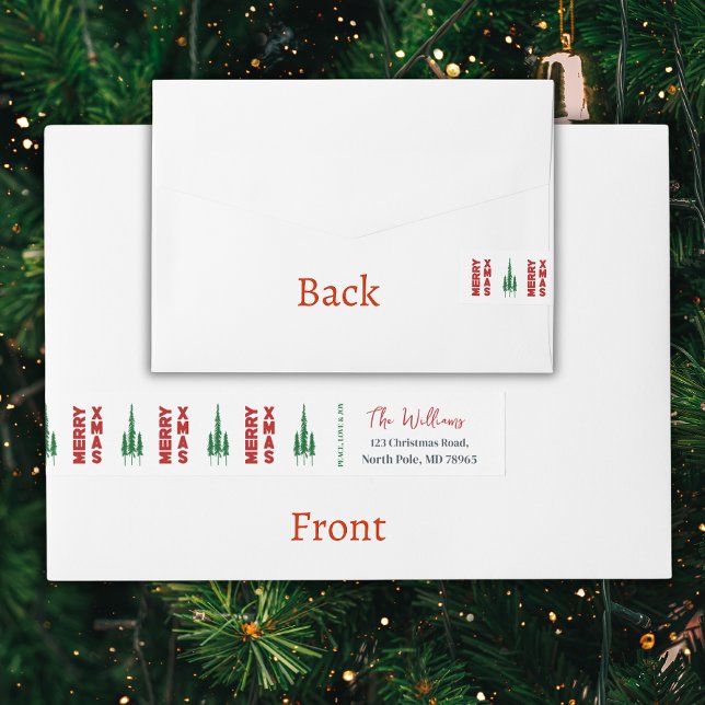 Merry Xmas | Pine Trees  Wraparound Address Label (Elevate your holiday mailings with this eye-catching wrap-around Christmas address label. Order now!)