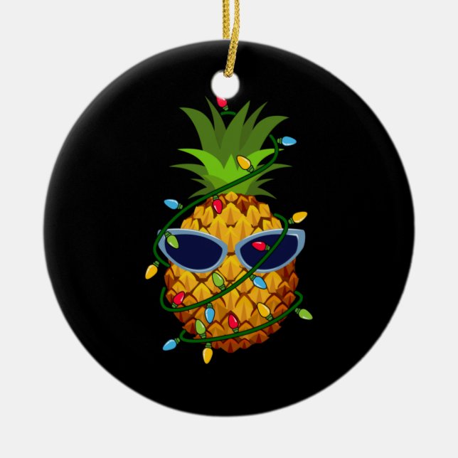 Merry Xmas Pineapple Christmas Tree Lights Ceramic Ornament (Front)
