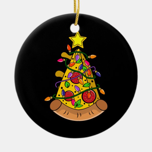 Merry Xmas Pizza Christmas Tree Lights Ceramic Ornament (Front)
