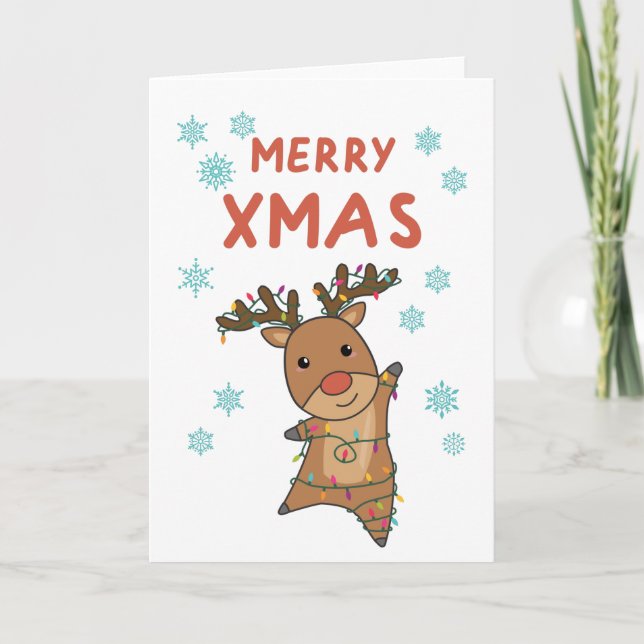 Merry Xmas Rudolph Red Nose Reindeer Fairy Lights Card (Front)