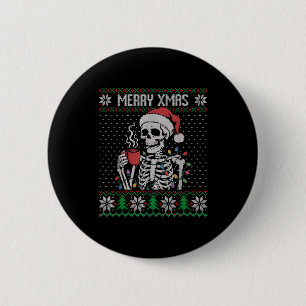 Merry Xmas Skeleton Ugly Sweater, Skull Wearing Sa 6 Cm Round Badge