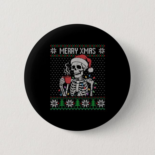 Merry Xmas Skeleton Ugly Sweater, Skull Wearing Sa 6 Cm Round Badge (Front)