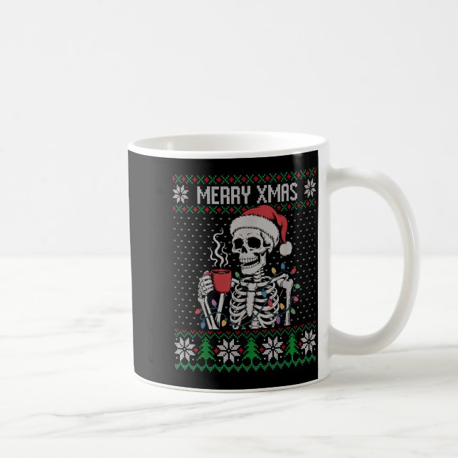 Merry Xmas Skeleton Ugly Sweater, Skull Wearing Sa Coffee Mug (Right)