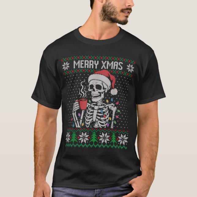 Merry Xmas Skeleton Ugly Sweater, Skull Wearing Sa T-Shirt (Front)