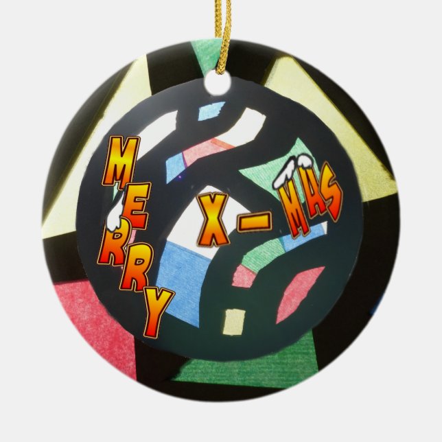 Merry Xmas Stained Glass Ball Round Ornament (Front)