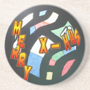 Merry Xmas Stained Glass pattern Stone Coaster