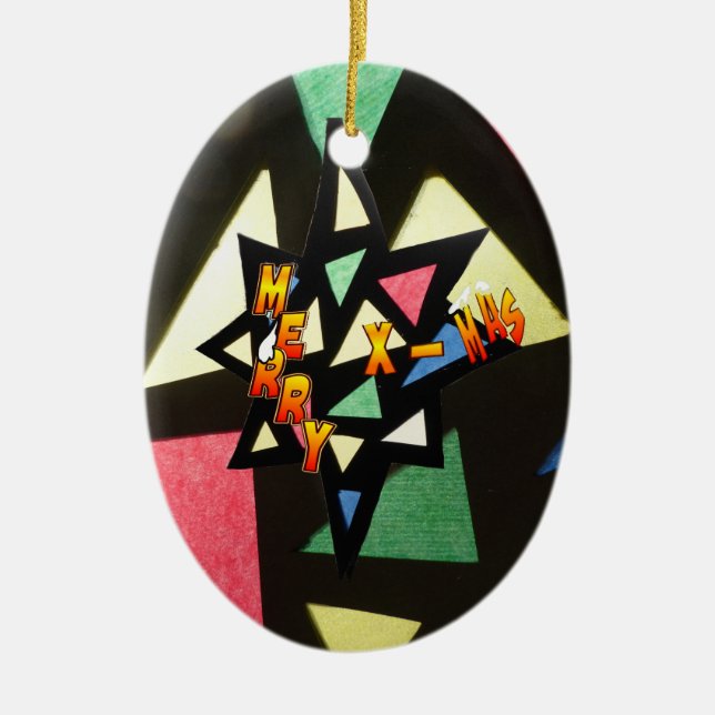 Merry Xmas Stained Glass Star Oval Ornament (Front)
