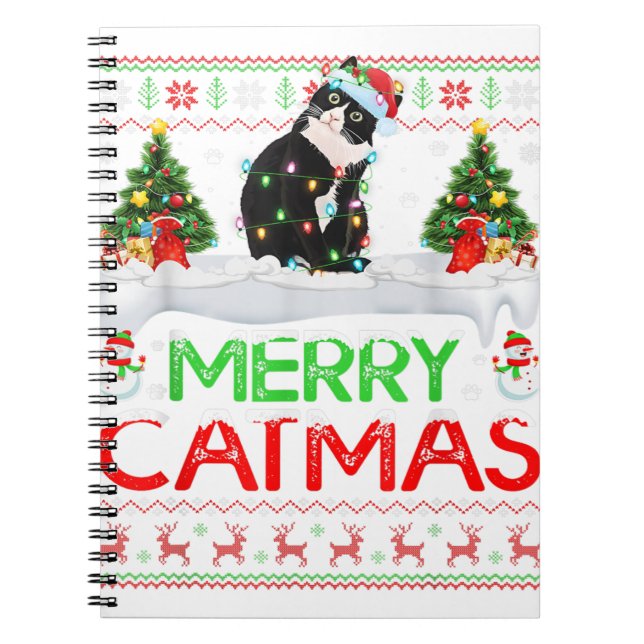 Merry Xmas Tree Lights Santa Ugly Black Cat Christ Notebook (Front)