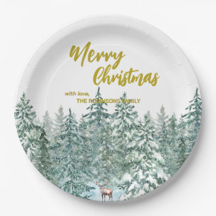 Merry xmas trees forest Modern Gold script Holiday Paper Plate