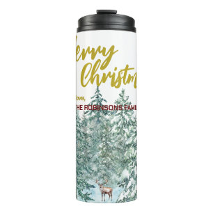 Merry xmas trees forest Modern Gold script Holiday Thermal Tumbler