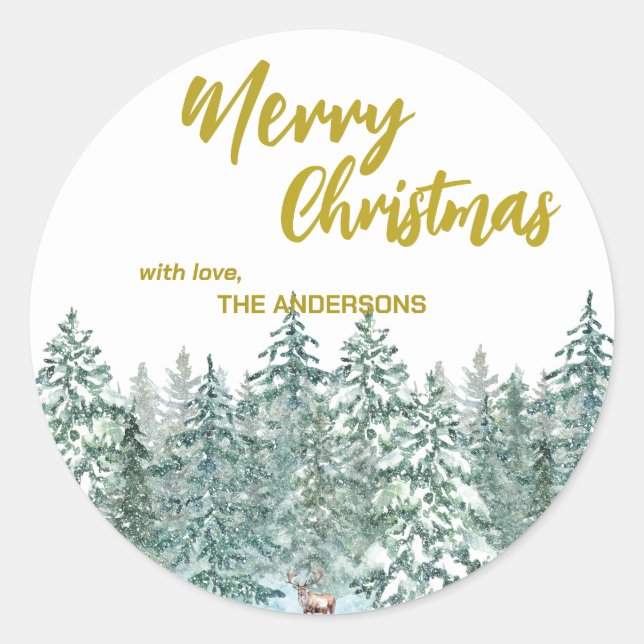 Merry xmas trees forest Moose script Holiday Classic Round Sticker (Front)