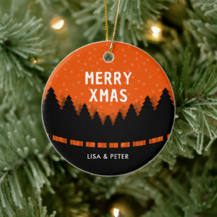 Merry Xmas with retro forest  Ceramic Ornament