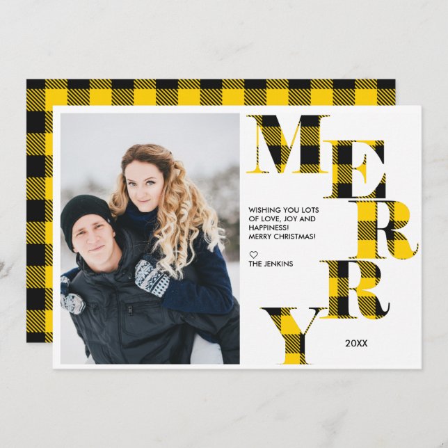 Merry | Yellow Buffalo Plaid Photo Holiday Invitation (Front/Back)