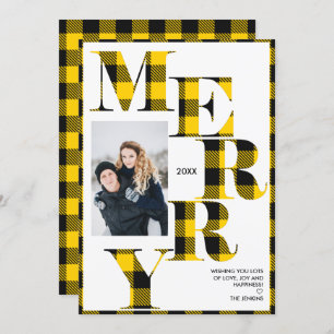 Merry  Yellow Buffalo Plaid Vertical Photo Holiday Invitation