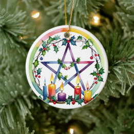 Merry Yule Festive Pentacle Winter Wiccan Holiday Ceramic Ornament