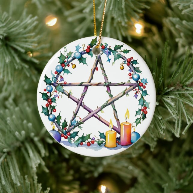 Merry Yule Festive Pentacle Winter Wiccan Holiday Ceramic Ornament (Tree)