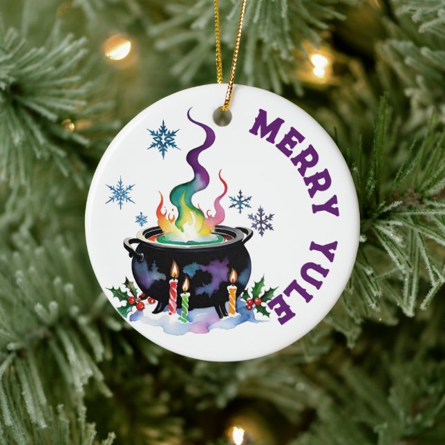 Merry Yule Festive Witches Cauldron Wiccan Holiday Ceramic Ornament (Tree)