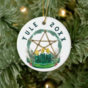 Merry Yule Winter Solstice Wiccan Festive Pentacle Ceramic Ornament