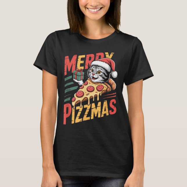 Merry Zzmas Christmas Cat Funny Zza Lover Xmas Cat T-Shirt (Front)